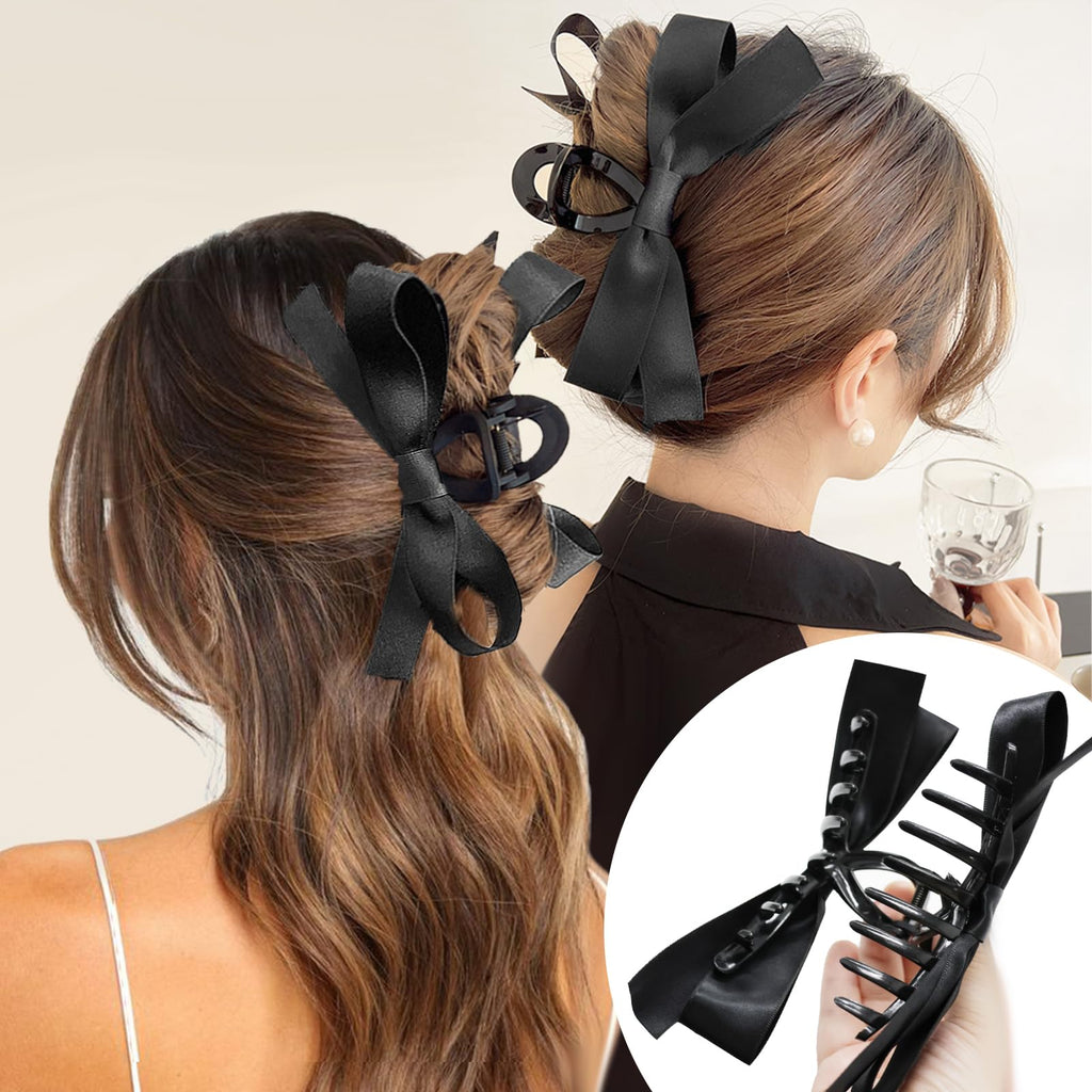Sizobi 2Pcs Women's Hair Accessories: Large Claw Clips with Glossy and Matte Silky Satin Bows for Thin, Thick, or Curly Hair