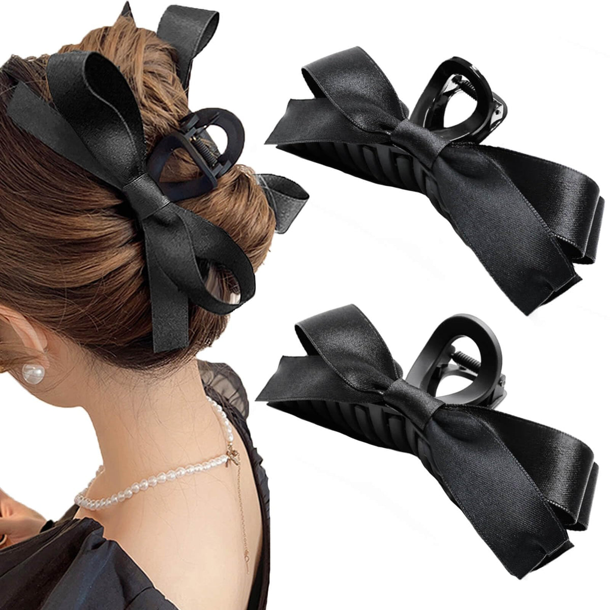 Sizobi 2Pcs Women's Hair Accessories: Large Claw Clips with Glossy and Matte Silky Satin Bows for Thin, Thick, or Curly Hair