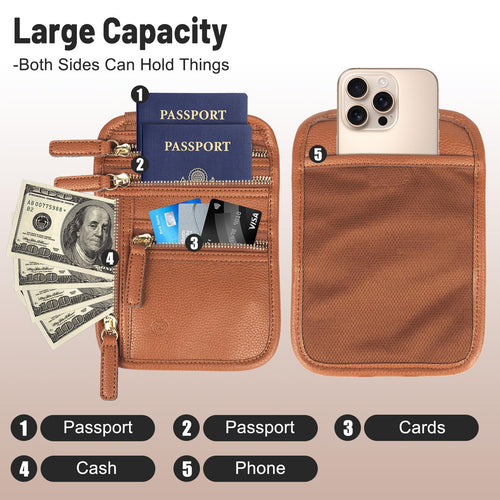 Neck Wallet for Traveling Women Men, RFID Blocking Leather Travel Pouch