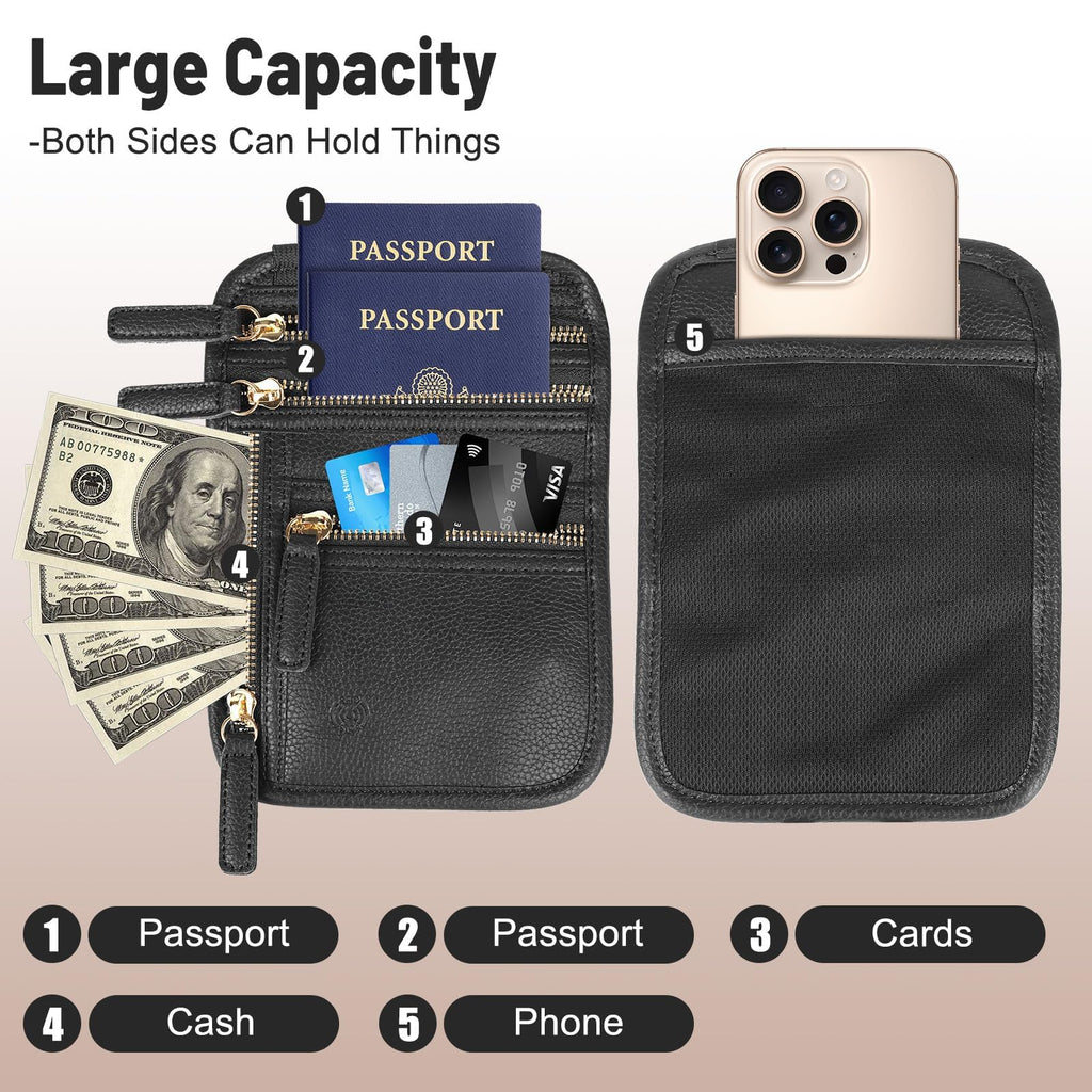 Neck Wallet for Traveling Women Men, RFID Blocking Leather Travel Pouch